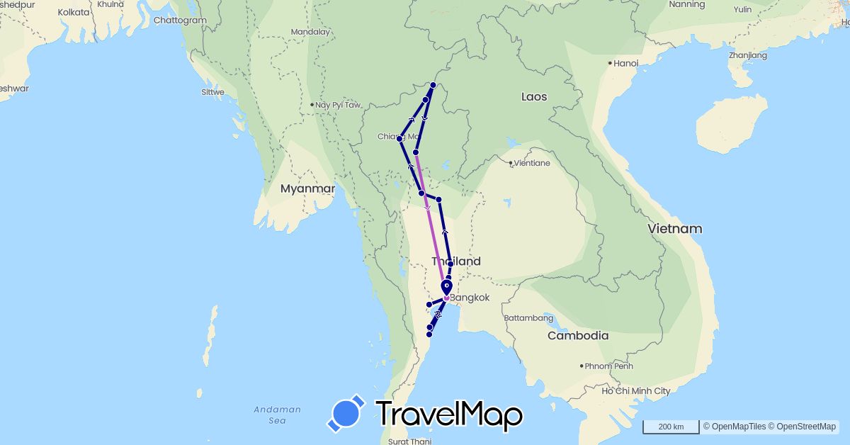 TravelMap itinerary: driving, train in Thailand (Asia)